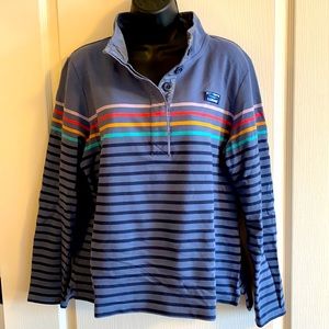 LL Bean Blue Stripe Mock Collar Rugby Style Long Sleeve Top Pullover - Size L